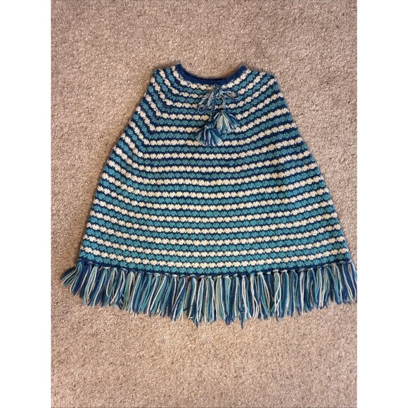 Handmade Other - Vtg Hand Crochet Girls Poncho Blue Teal White Grannycore Boho 70s Kids Capelet